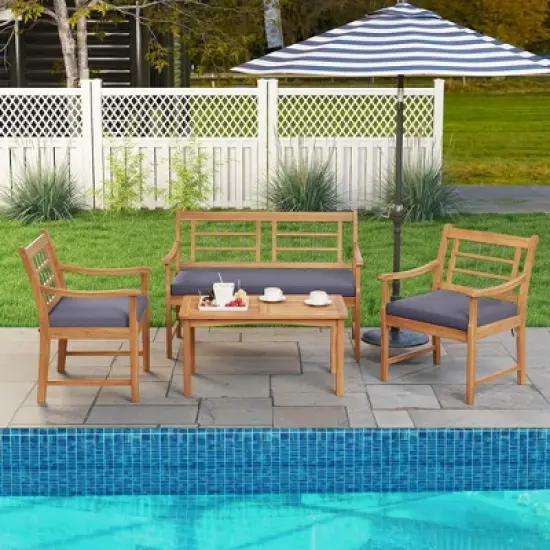 Costway 4 PCS Wood Patio Furniture Set with Soft Seat Cushions Solid Acacia Wood Frame Off White/Gray image {10}