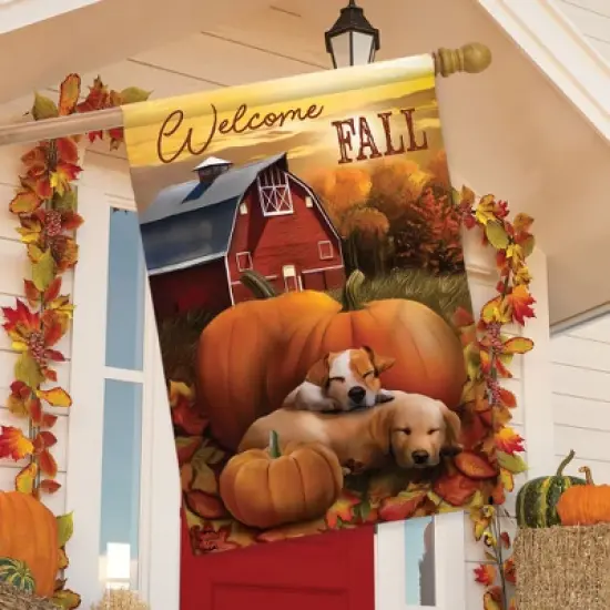 Welcome Fall Puppies House Flag Autumn Pumpkin Farm 28" x 40" Briarwood Lane image {2}