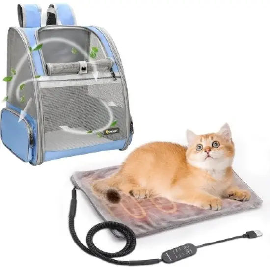 Texsens Cat Backpack Carrier with Heated Cat Bed(Blue) image {3}