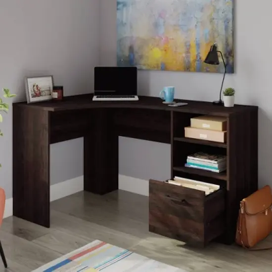 Sauder Beginnings Corner Desk with drawers Cinnamon Cherry: Home Office, Adjustable Shelf, MDF Construction image {2}
