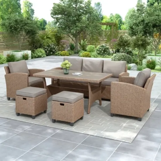JUJABU 6-Piece Wicker Patio Garden Backyard Sofa Set with Cushion, 2 Stools and Coffeetable image {10}