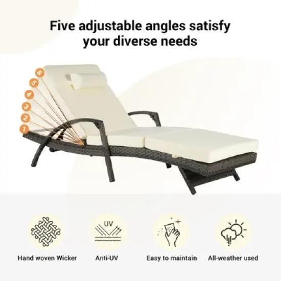 Set of 2 Outdoor Lounge Chair 5-Position Chaise Lounge Wicker Long Reclining Chair Lawn Sunbathing Chairs with Cushion, Gray/Beige/Blue/Red-ModernLuxe image {2}