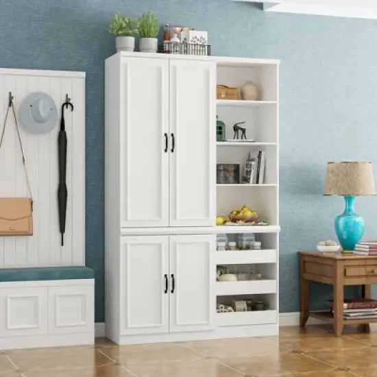 Famapy White Kitchen Cabinet Storage Cabinet: Adjustable Shelves, Mixed Storage, Space - Saving Design Pantry image {1}