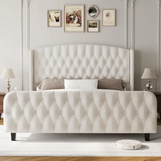 51" Tall Queen/King Size Velvet Upholstered Platform Bed Frame with Button Tufted Wingback Headboard & Footboard, No Box Spring Needed image {1}