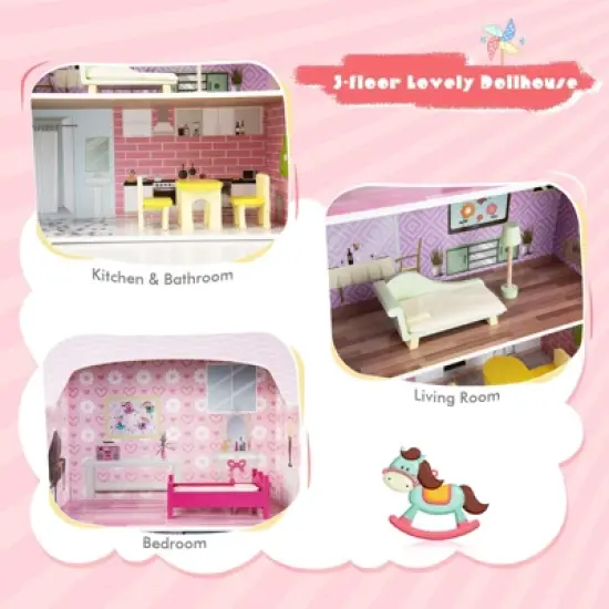 Costway Kids Kitchen Playset & Dollhouse 2-In-1 W/ Accessories & Furniture For Toddlers image {6}
