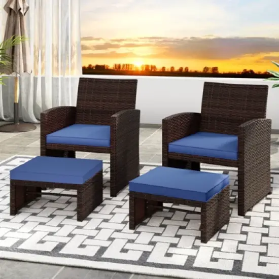 Costway 2 PCS Patio PE Rattan Ottomans with Soft Zippered Cushions for Deck Outdoor White/Navy/Red/Turquoise image {3}
