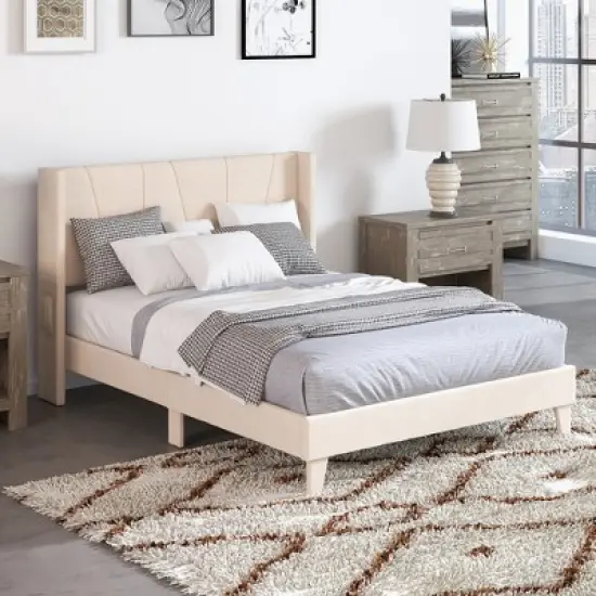 Costway Full/Queen Size Upholstered Bed Frame with Elastic Pockets Mattress Foundation Beige image {3}