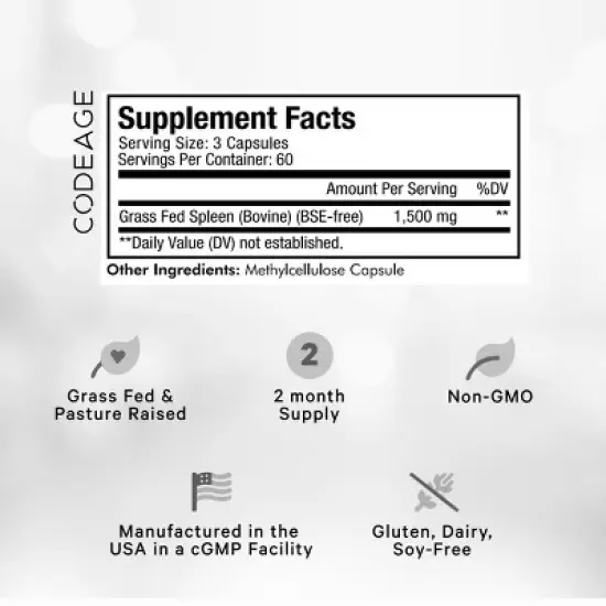 Codeage Grass-Fed Beef Spleen Pasture-Raised Non-Defatted Glandular Supplement - 180ct image {2}