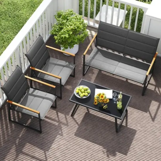 Costway 4/8 PCS Patio Furniture Setwith Padded Fabric Seat & Wood-Plastic Armrests Table image {3}