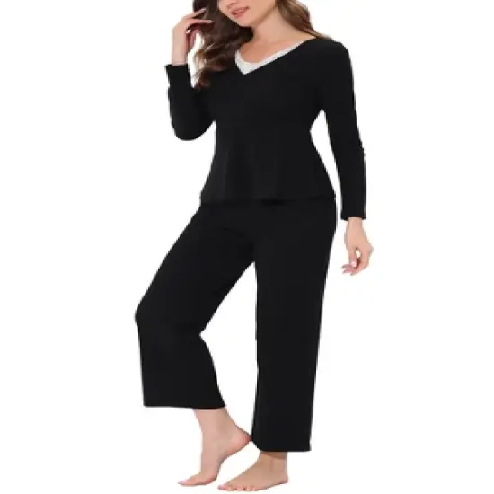 cheibear Womens Sleepwear Lounge Ribbed Knit Peplum Tops with Lace Long Sleeve Pajamas Set image {5}