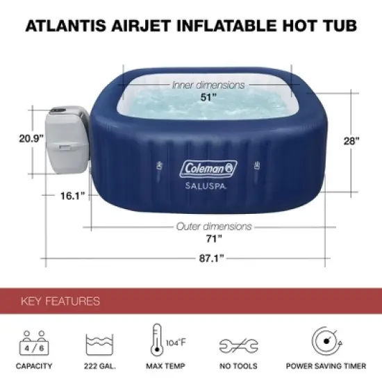 Coleman SaluSpa Atlantis AirJet 4 to 6 Person Inflatable Hot Tub Square Portable Outdoor Spa with 140 Soothing Jets with Cover, Blue image {2}