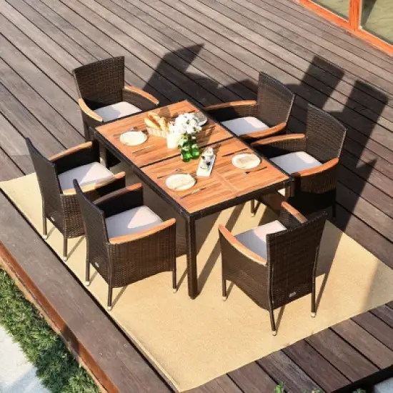 Costway 7PCS Patio Rattan Dining Set 6 Stackable Chairs Cushioned image {3}