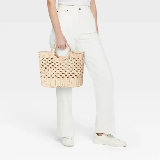 Straw Circle Handle Tote Handbag - A New Day&trade; Ivory: Woven Structured Bag, Paper Straw Material image {1}
