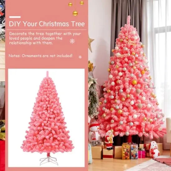 Costway 4.5/6.5/7.5 ft Snow Flocked Hinged Artificial Christmas Tree w/ Metal Stand Pink image {7}