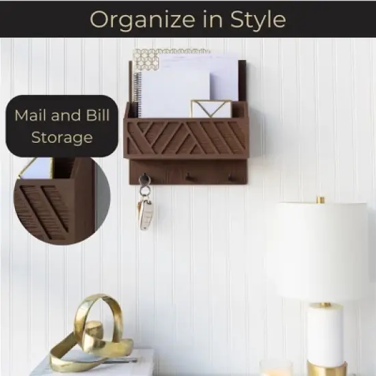 Wall Mounted Mail Organizer with 2 Slots and 3 Hooks &ndash; Multiple Finishes &ndash; MDF Wood image {2}