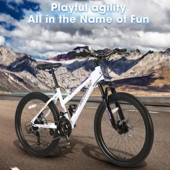 NAYSAYE Bicycle 26 Inch Mountain Bike 21 Speed with Dual Disc Brakes and Front Suspension for Teenagers and Women, White, 65"*24.8"*37.4" image {1}