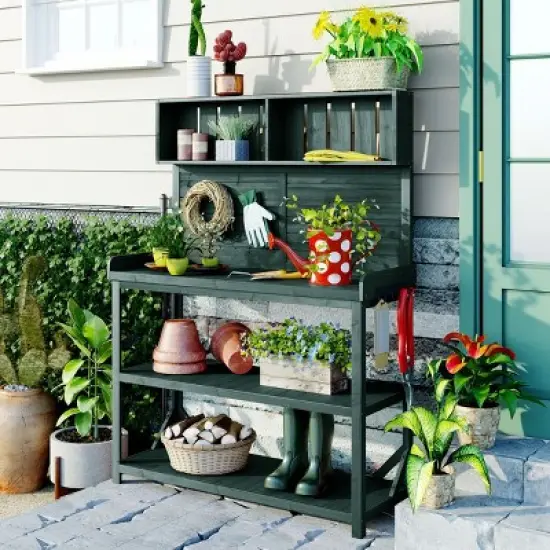 65" Wood Outdoor Potting Bench, 3-Tier Garden Shed Storage Shelves, Flower Display Rack Plant Stand Workstation-The Pop Home image {1}