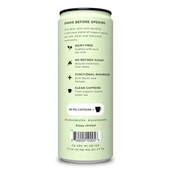 Pop & Bottle Matcha Green Tea Oat Milk Latte with functional boost from Reishi and Maitake - 8 fl oz Can image {7}