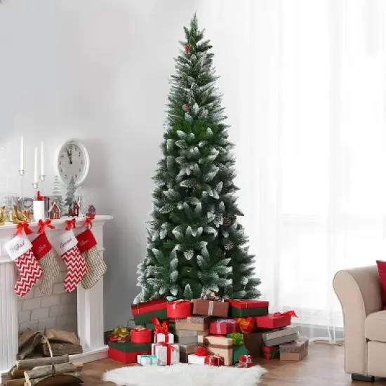 Costway 7.5ft Snow Flocked Pencil Christmas Tree Hinged Pine Cones image {1}