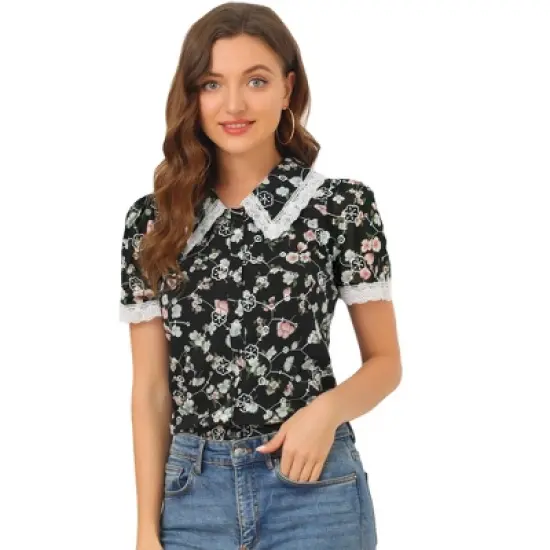 Allegra K Women's Peter Pan Collar Lace Embroidered Casual Floral Shirt Blouse image {9}