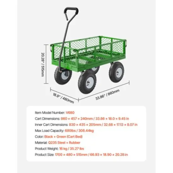VEVOR 680 Lbs Steel Garden Cart on Wheels, Heavy Duty Garden Wagon Cart Pullable, Metal Outdoor Utility Yard Wagon Carts, Green image {7}