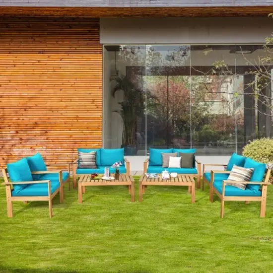 Costway 8PCS Patio Furniture Set Acacia Wood Thick Cushion Loveseat Sofa Off White\Turquoise\Grey image {9}