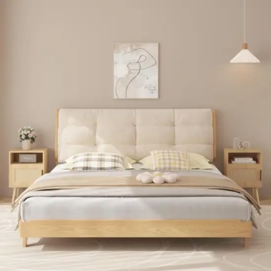 KWPZQEB Rattan Nightstand, Boho Side Table with Drawer & Open Shelf, Cane Accent Bedside End Table with Legs for Bedroom and Small Spaces, Natural image {2}