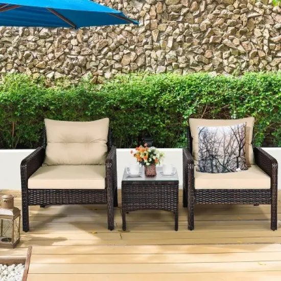 Tangkula 3PCS Outdoor Patio Rattan Wicker Conversation Set W/Cushions image {2}