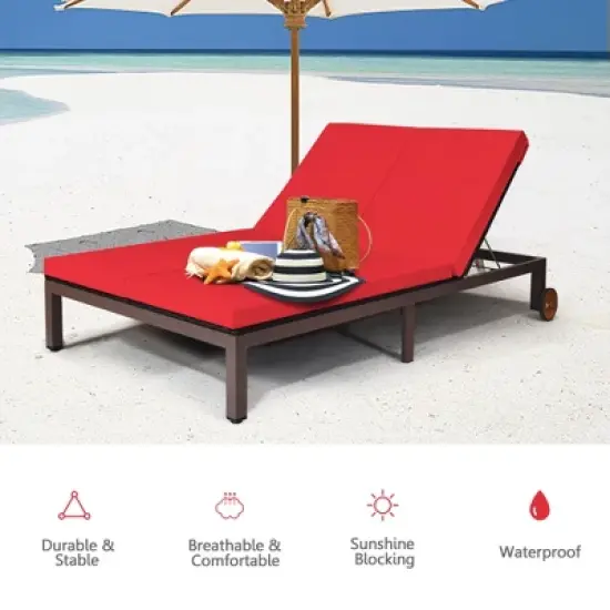 Tangkula Adjustable Patio Rattan 2 Person Recliner Lounge Chair w/ Red Cushion Wheel image {5}