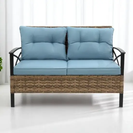 4-Piece Patio Sectional Low Dining Sofa Set with Steel Table, Blue Cushions, and Detachable Covers &acirc;&acirc;&sbquo;?Comfortable Outdoor Conversation Set image {7}