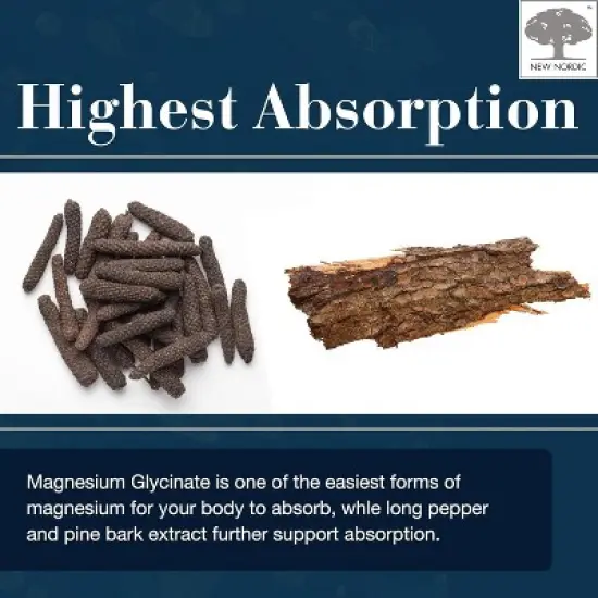 NEW NORDIC Magnesium Glycinate -220 mg Maximum Absorption Tablets with Pine Bark and Long Pepper - Gentle on Stomach for Women and Men image {3}