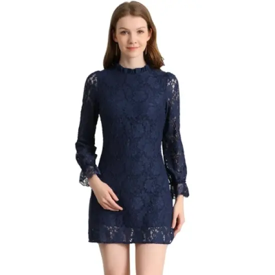 Allegra K Women's Ruffle Crew Neck Formal Elegant Mini Floral Lace Dress image {8}