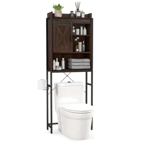 Costway Over-The-Toilet Storage Cabinet Bathroom Organizer w/ Sliding Barn Door Rustic\Espresso image {10}
