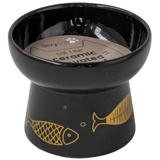 Dexypaws: Elevated Ceramic Cat Bowl, Black & Gold Fish, 7oz, Pet Feeding Dish image {6}