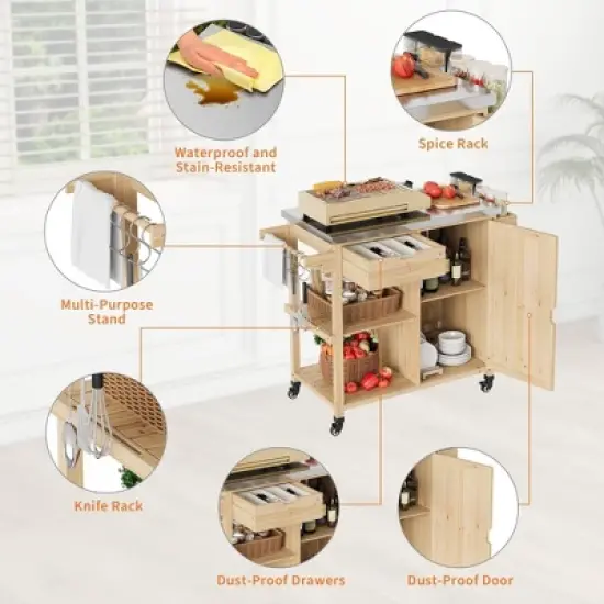TROPOW Solid Wood Outdoor Grill Cart &uml;C Stainless Steel Top with Spice Rack & Wheels for Patio/Garden (Natural Wood Color) image {4}