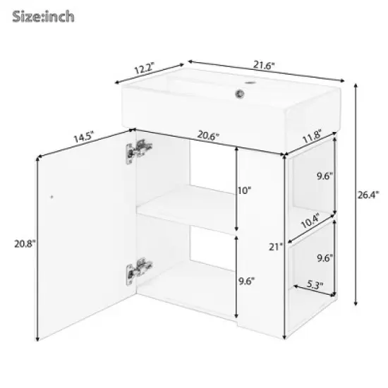 21.6" Floating Bathroom Vanity with Right Side Open Shelves, Wall-Mounted Cabinet with Ceramic Sink, Soft-Close Door image {12}