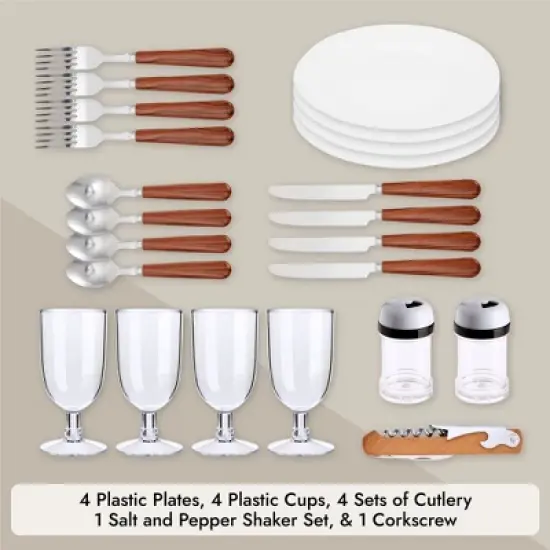 Juvale Juvale Wicker Picnic Basket for 4 with Utensils, Glasses, and Insulated Cooler Bag - Camping and Picnic Essentials Kit image {4}