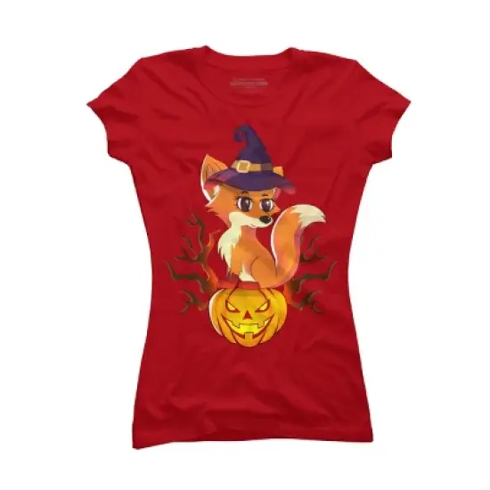 Junior's Design By Humans Cute Witch Fox With Jack O Lantern Halloween Shirt By thebeardstudio T-Shirt image {6}