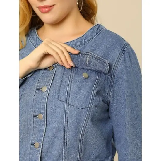 Agnes Orinda Women's Plus Size Long Sleeves Button Down Crew Neck Short Denim Jacket image {5}