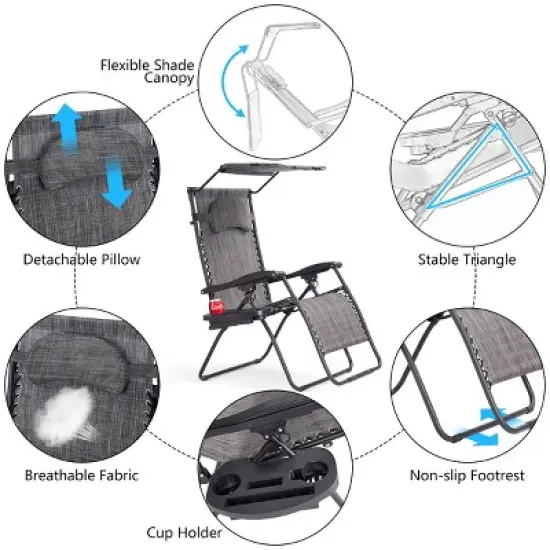 Costway Folding Recliner Zero Gravity Lounge Chair W/ Shade Canopy Cup Holder Gray image {6}