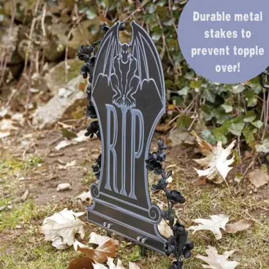 3-D Halloween Metal Tombstone (RIP) - (16.75" Tall w Stakes)-Durable, Weatherproof, UV Printed Lawn Decor - No More Flimsy Foam Headstones image {3}