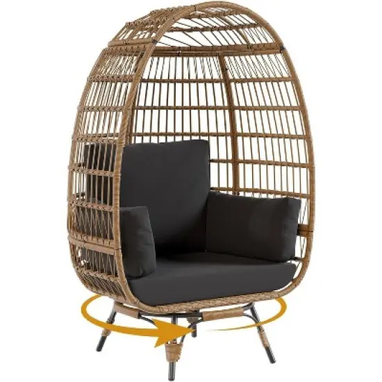 Outdoor Wicker Egg Chair Rattan Chair with Cushion, 360&deg;Swivel Oversized Patio Lounge Chair Steel Frame & Thick Cushions, Black image {7}