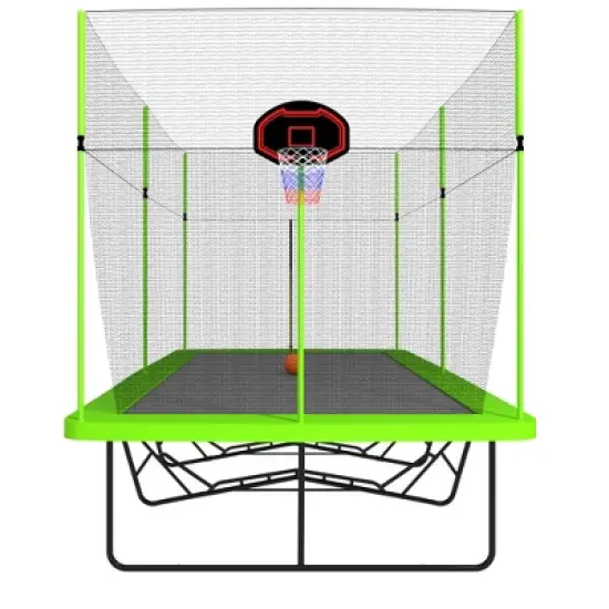 APRILSOUL 10FT by 17FT Rectangule Trampoline with Green Fabric Black Powder-coated Galvanized Steel Tubes with Basketball Hoop System image {4}