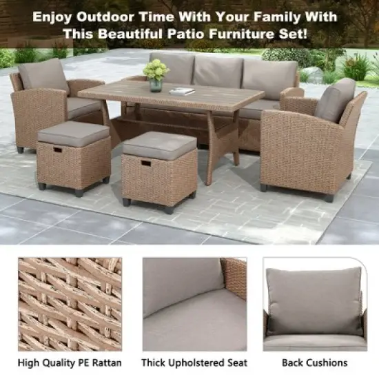 Mshliw 6-Piece Outdoor Rattan Wicker Patio Set - Sofa, Chairs, Stools, and Table, Weather-Resistant, Cushions Included image {13}