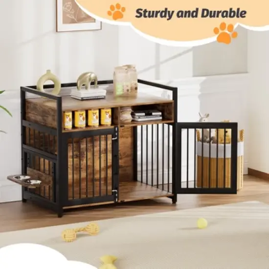 Dog Crate Furniture, Large Dog Cage for Large/Medium Dog, 48 Inch Dog Kennel with Adjustable Raised Feeders, Indoor Heavy Duty Metal Dog Crate image {2}