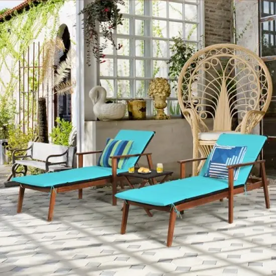 Costway 3PCS Patio Rattan Lounge Chair Folding Table Set Chaise Wood Cushioned White\Turquoise image {3}