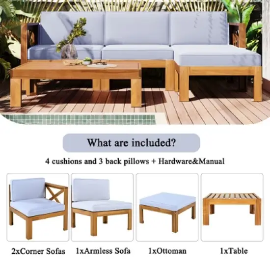 Chic Crate-5-Piece Wood Outdoor Patio Sectional Sofa Set with Water-Resistant Gray Cushions for Backyard, Porch, Deck - Natural Finish image {6}