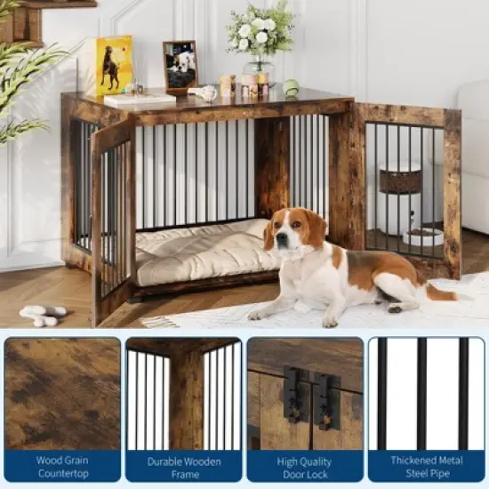 Dog Crate Furniture for Small Breeds - Chew-Resistant Dual-Door Kennel with Locking Wheels, Modern Farmhouse Indoor Pet End Table, Brown image {6}