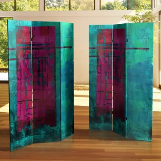 71" Double Sided Canvas Room Divider Turquoise/Magenta - Oriental Furniture image {1}