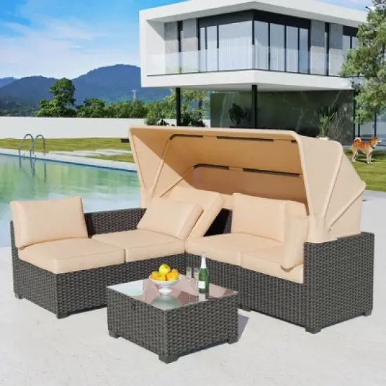 Garvee 6-Piece Outdoor Patio Furniture Set with Modern Rattan Wicker, Rattan Daybed with Retractable Canopy for Garden, Deck, and Backyard image {1}
